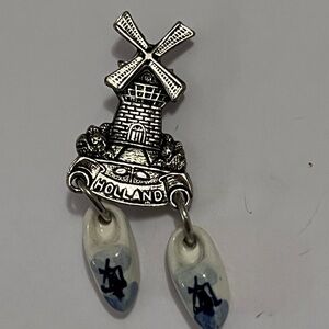 Holland Silver Windmill Brooch with Blue and White Clogs
